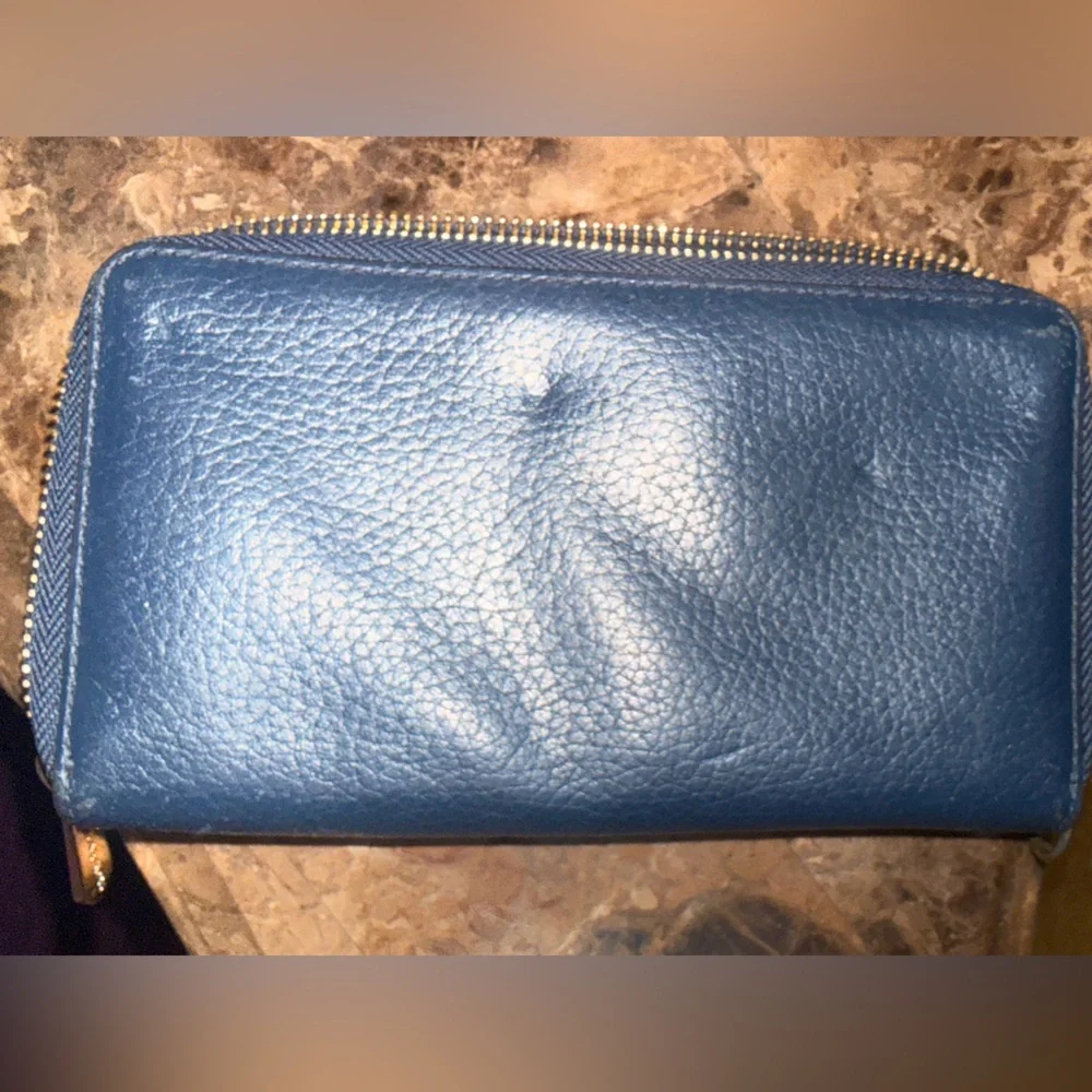 Michael Kors Dark Blue Pebbled Leather Zip Wallet with Gold MK Emblem